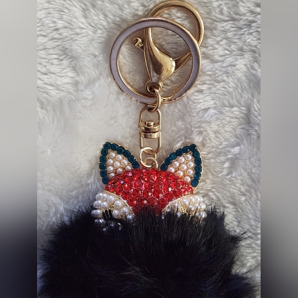 Black and Red Pom Pom Fox Keychain Bag Charm - Picture 2 of 4